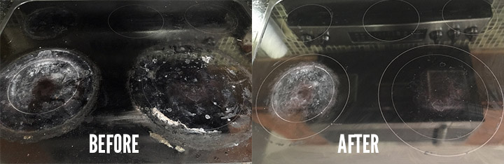 Before and after cleaning a glass stove with baking soda