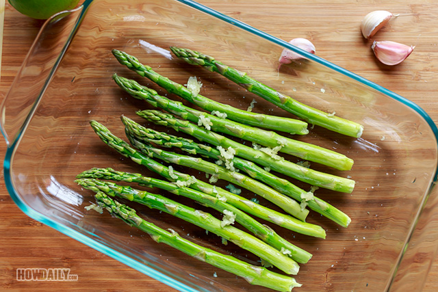 Asparagus on cooking tray