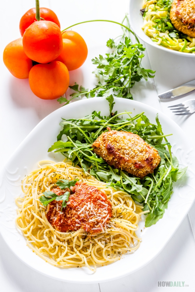 Spaghetti and chicken Parmesan