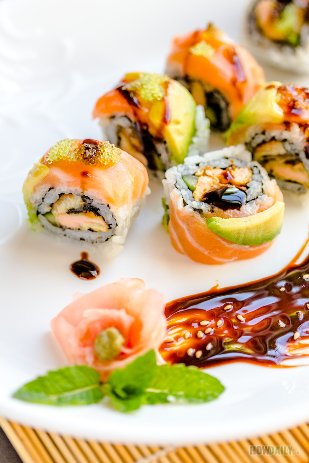 Sushi set featuring sushi, roll, and salmon