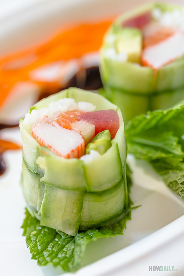 Thin slice cucumber covered New York roll