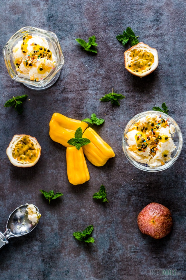 Jackfruit Ice Cream with Passion Fruit Syrup