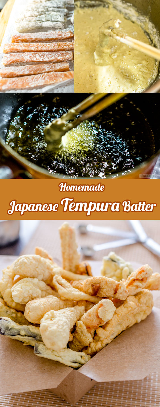 Recipe for making and frying Japanese tempura batter for shrimp, chicken, pork, and vegetable