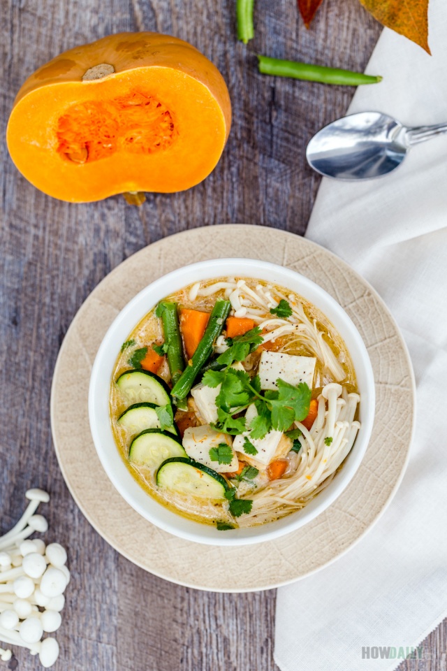 Tofu pumpkin soup with mushroom