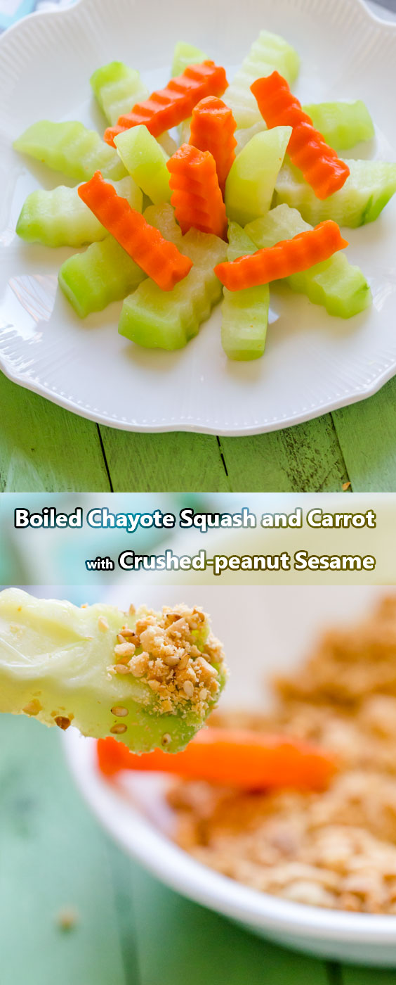Simple and easy-to-do boiled chayote squash and carrot dipping with crushed peanut