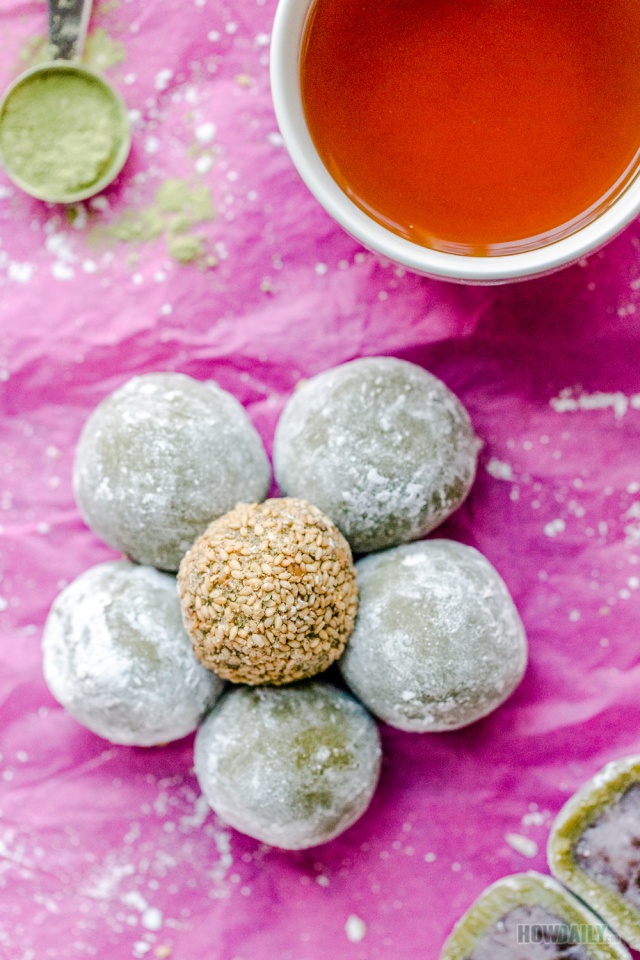 Sweet potato matcha green tea mochi and hot tea