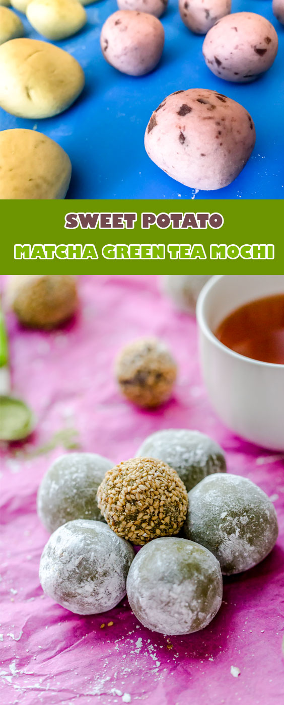Cute Japanese dessert recipe - Matcha green tea mochi with sweet potatoes filling