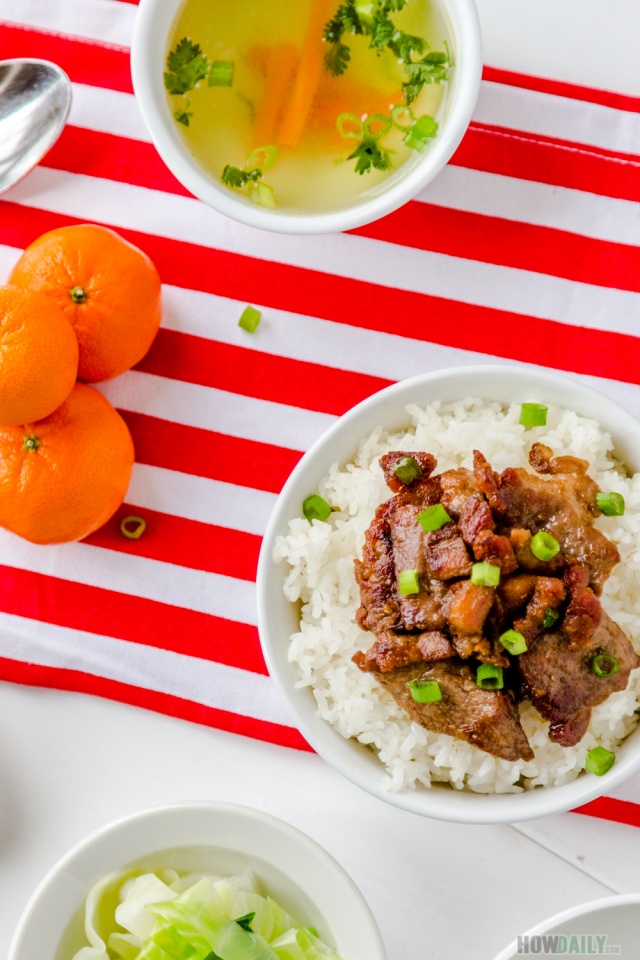 Pan fried-pork with rice and soup