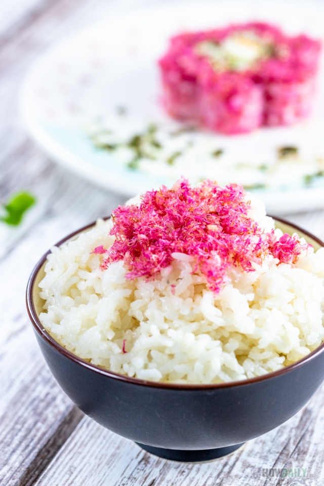 Sakura denbu topping over plain rice