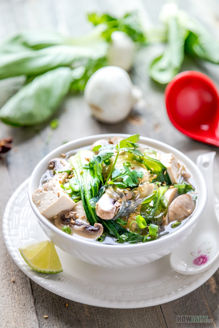 Vegan Baby Bok Choy Mushroom Soup with Tofu (Gluten-free Recipe)