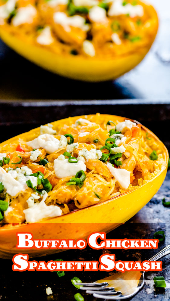 Spicy buffalo chicken spaghetti squash bowl with blue cheese dressing & crumble on top.