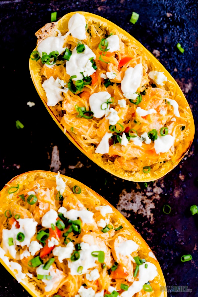 Buffalo chicken spaghetti squash with cheese