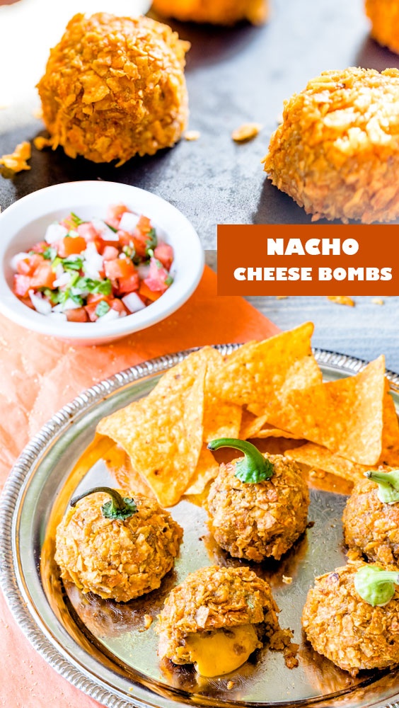 Fun treat with crispy outer nacho bombs and in with oozing cheddar