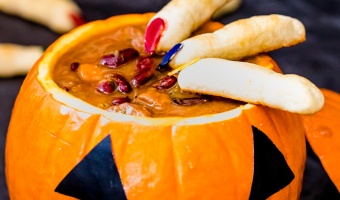 Slow cook beef pumpkin soup with witches fingers