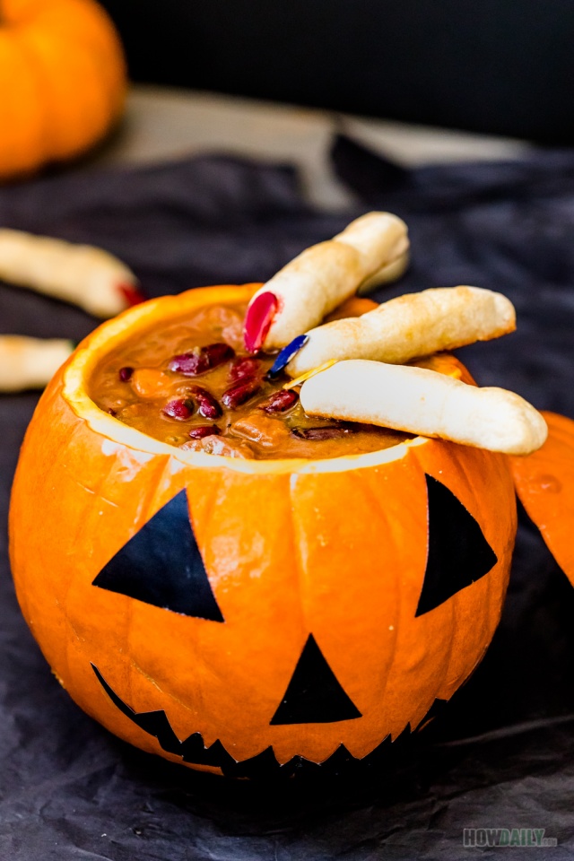 Slow cook beef pumpkin soup with witches fingers