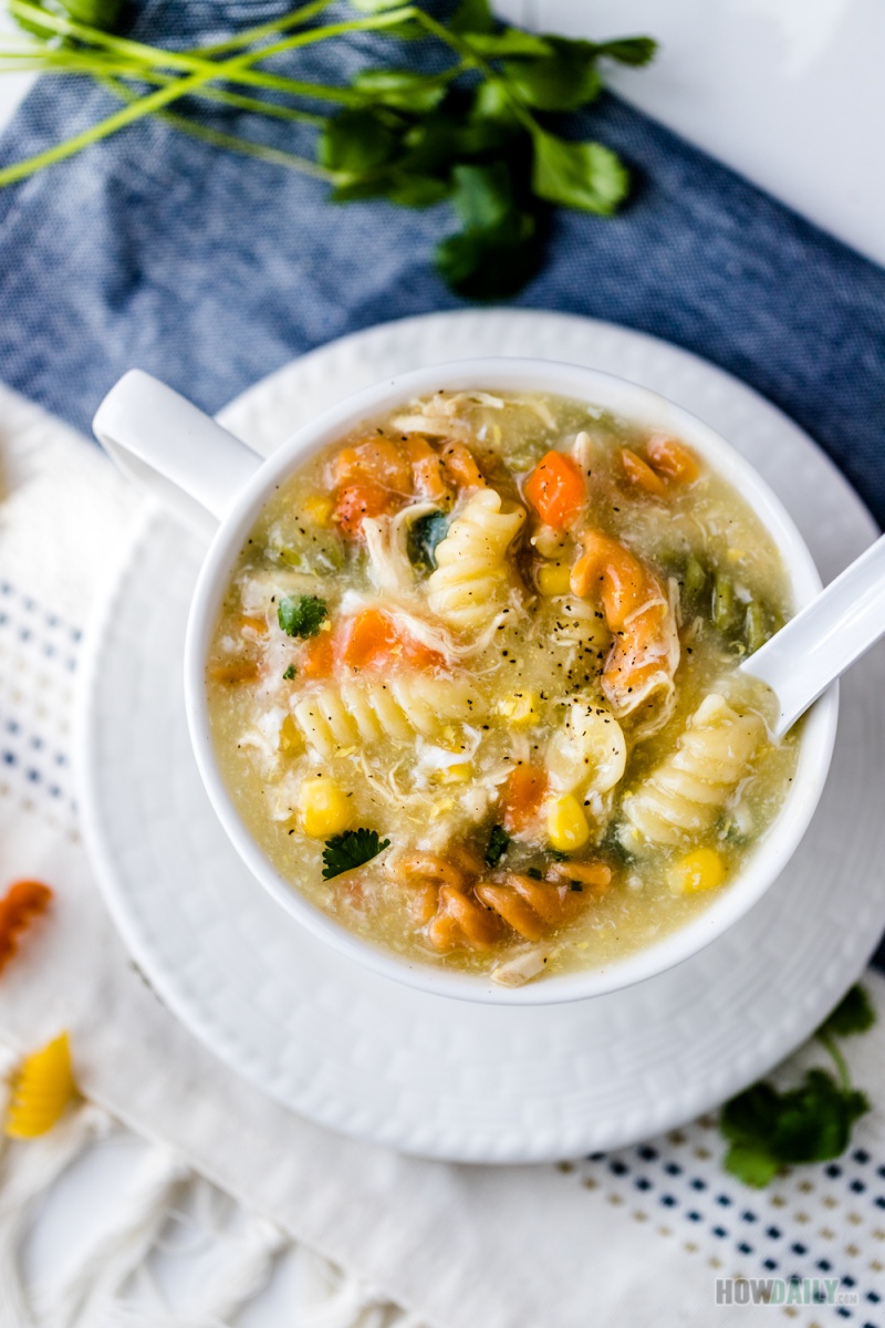 AIO Kid-friendly Chicken Sweet Corn Soup Recipe with Pasta and Carrot