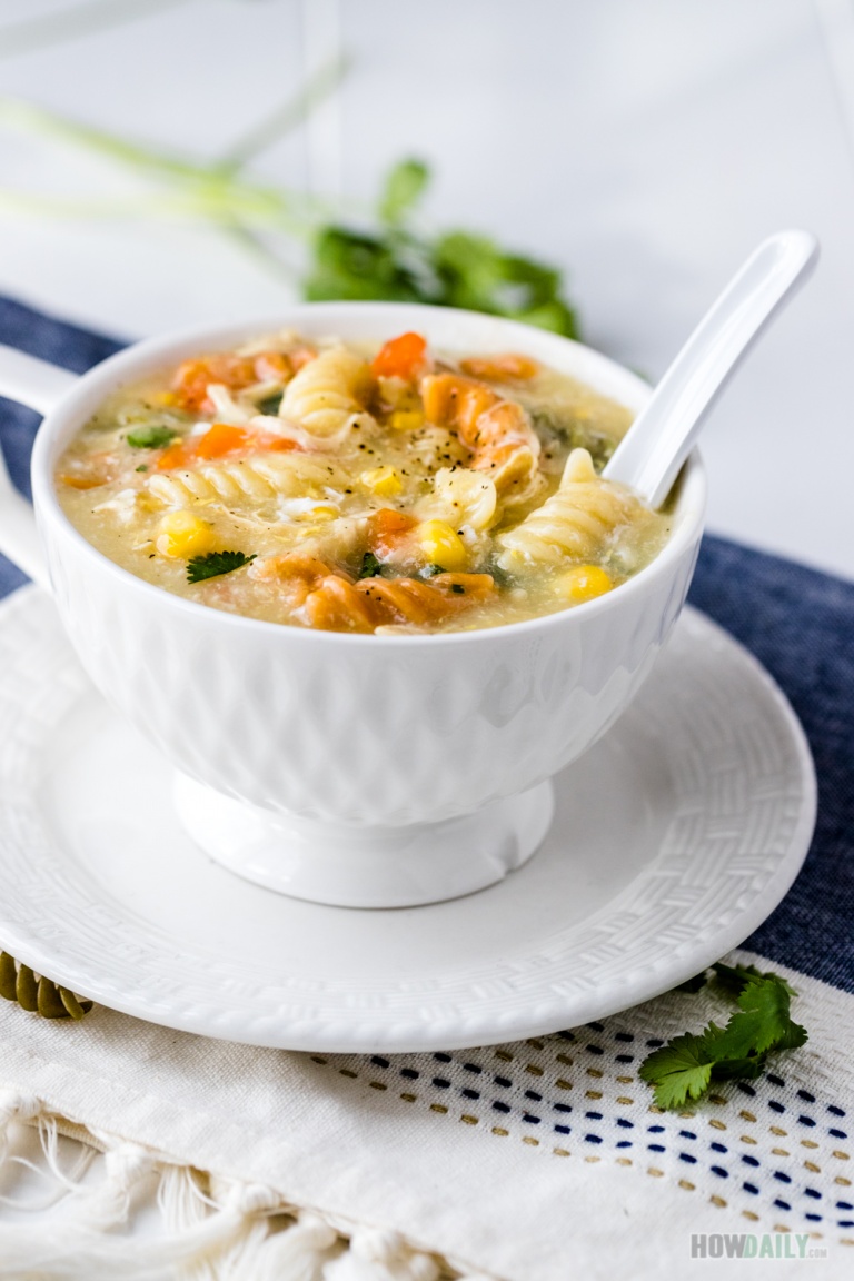 AIO Kid-friendly Chicken Sweet Corn Soup Recipe with Pasta and Carrot