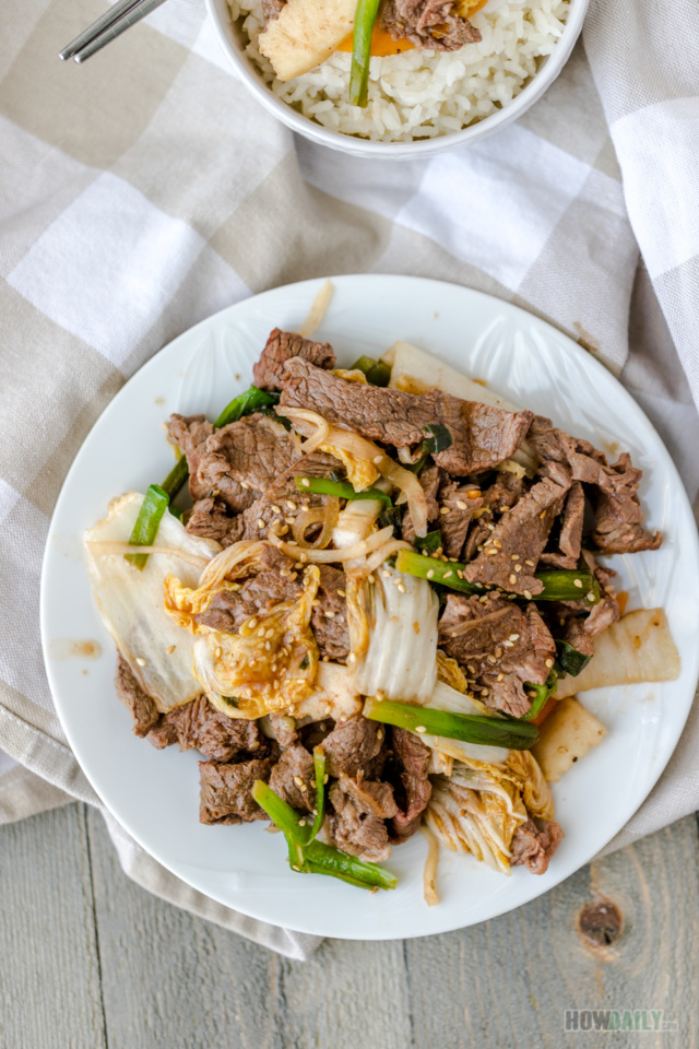 Stir fry beef with kimchi marinade