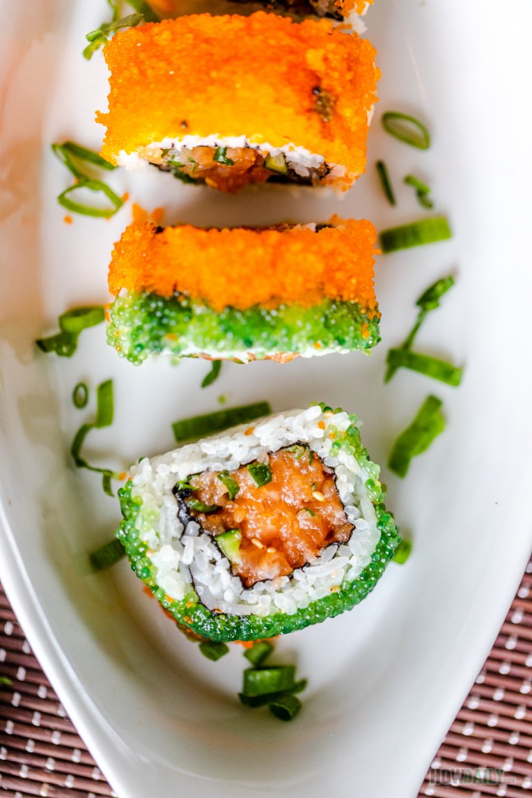 Spicy Salmon Sushi Roll w/ alternating Roes Wrap-around