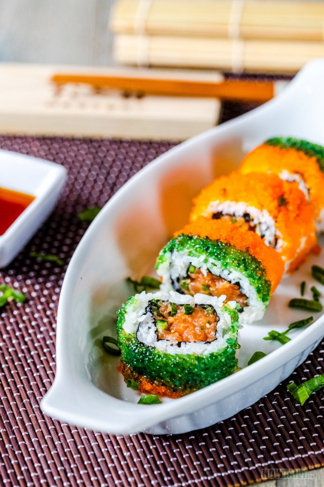 Spicy Salmon Sushi Roll with masago and tobiko