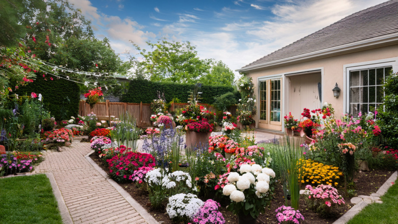 A backyard with flowers