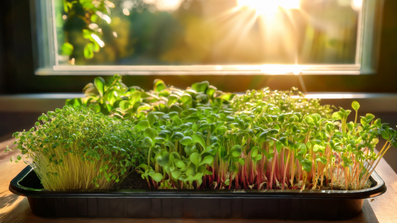 Microgreens near a window